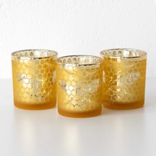 Set of 3 Small Bee Glass Candle Holders Tea Light Pillar Church Pots Home Decor