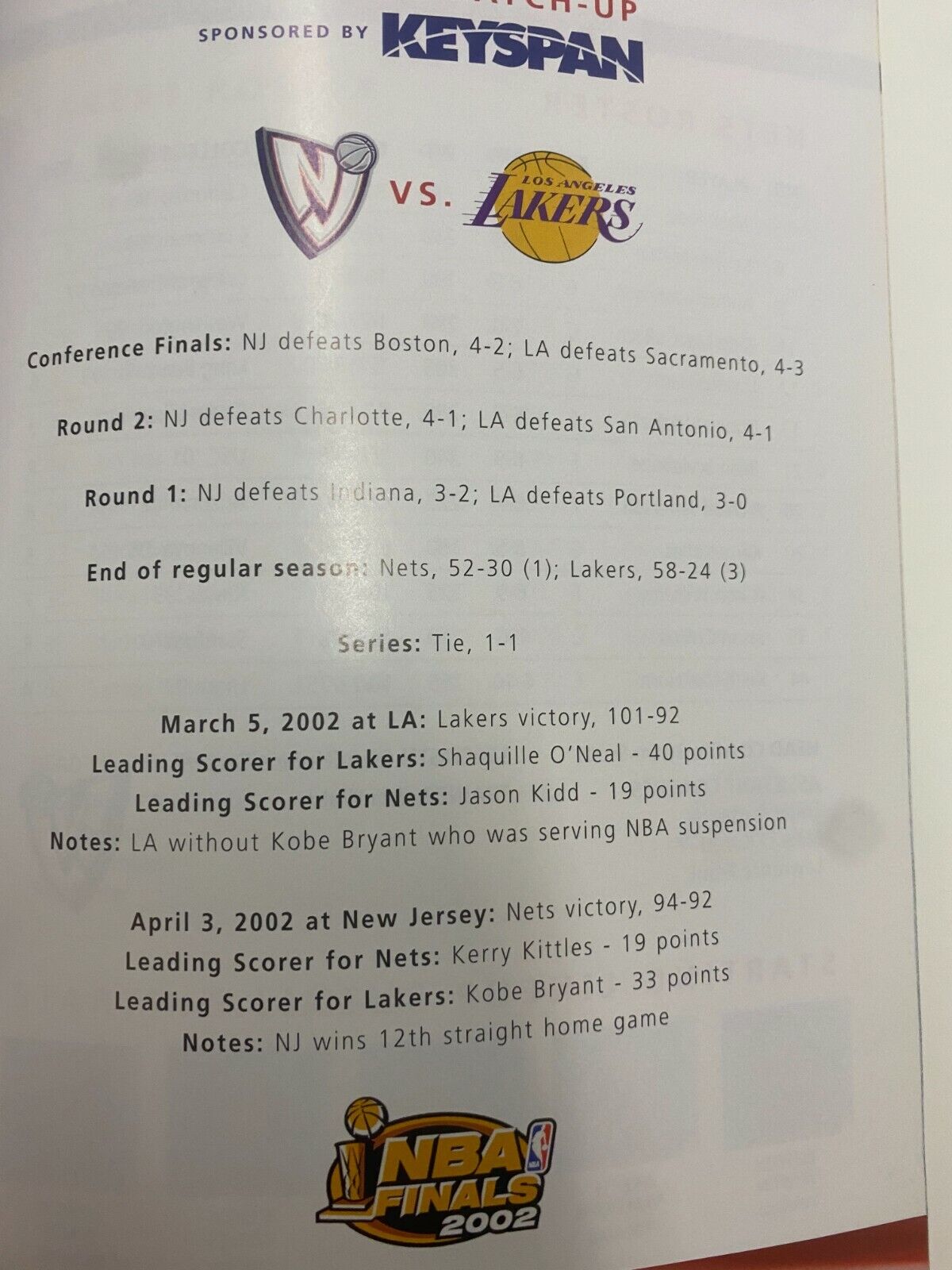 2002 NBA FINALS PROGRAM - NJ NETS vs. LA LAKERS