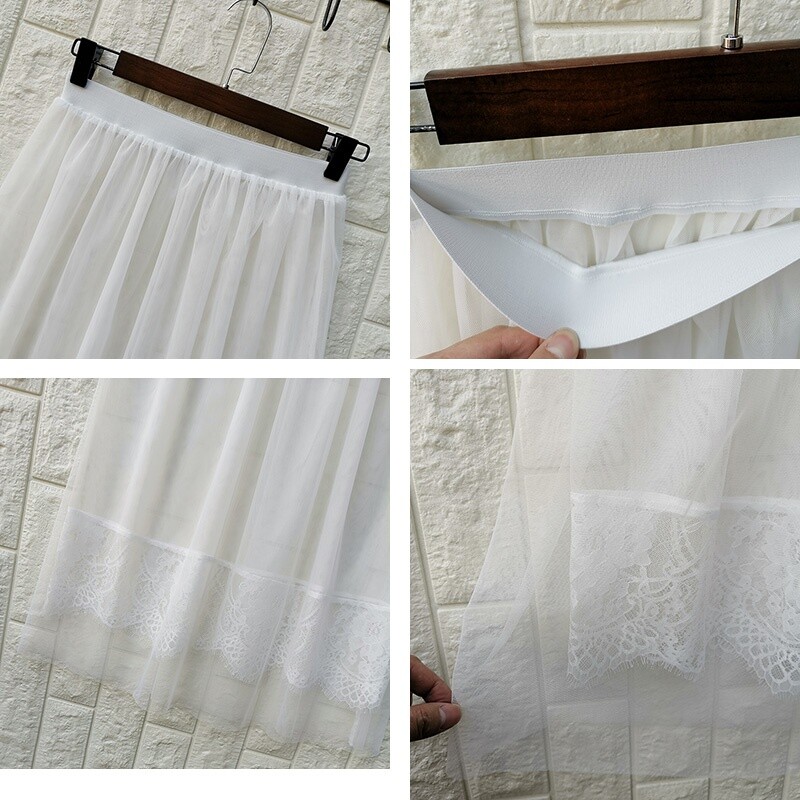 Ladies Mesh Lace Petticoat Skirt Sheer Midi Underskirt Half Slips