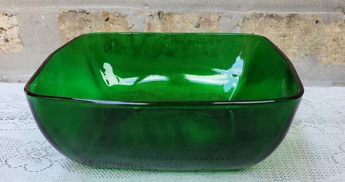 1 Vintage Fire King CHARM Forest Green Glass 7.25" Square SALAD BOWL VEGGIE BOWL