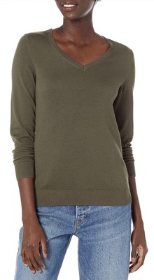 Amazon Essentials M Dark Olive Heater Knit Sweater V Neck Cotton Long Sleeve