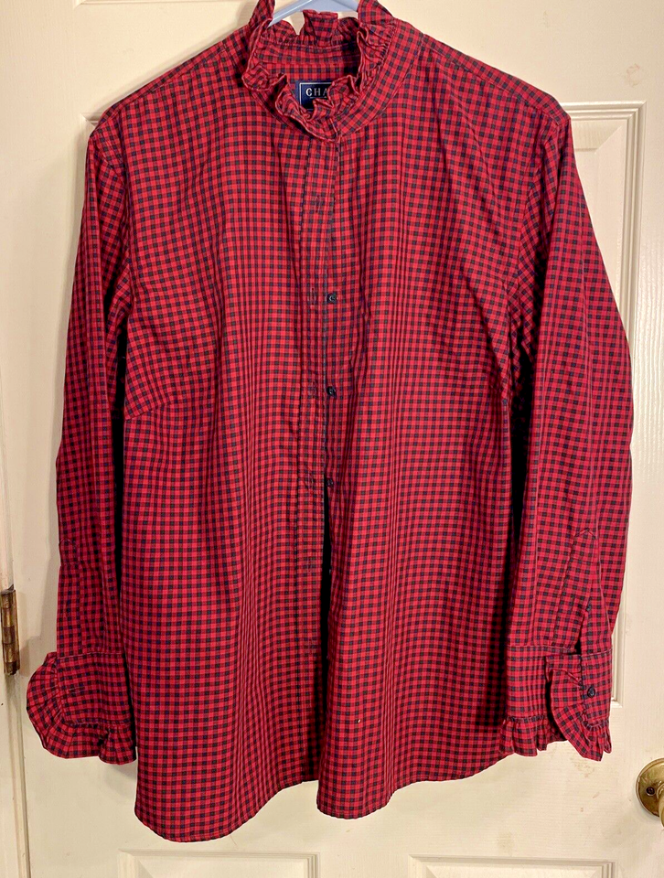 Chaps Denim Women's Blouse Shirt Top Plus 2X Plaid Red Ruffle Trim Long