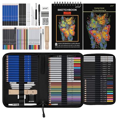 76 Pack Drawing Set 3-Color Sketchbook Tutorial Colored Graphite Pencils Kit