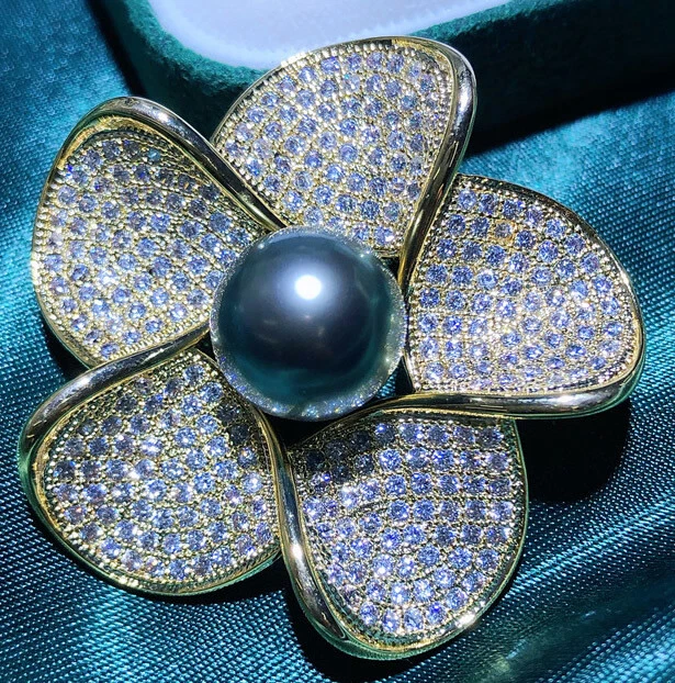 Натуральный 11-12 мм пресноводный черный жемчуг кристалл цветок броши 18KGP для женщин - Изображение 4 из 4