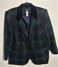 Vintage Sag Harbor Blazer Plaid Wool Navy/Green Academia Velvet Collar 14 Petite