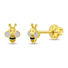 14k Yellow Gold Tiny Yellow Enamel Bee Screw Back Earrings for Toddler Girls