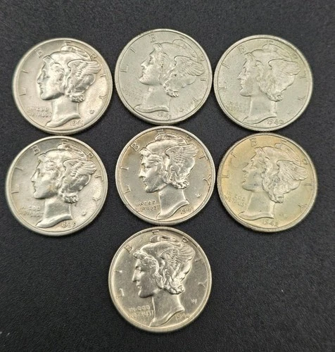 Lot of 7 Mercury Dimes Silver 10C 1939 1941 1942 1944 XF/AU