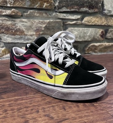Vans Flames Off The Wall Old Skool Red Yellow Black Shoes Men 5.5 Women 7