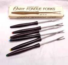 Vtg OSTER Stainless Steel FONDUE FORKS Set of Six 6 - Color Tips Party
