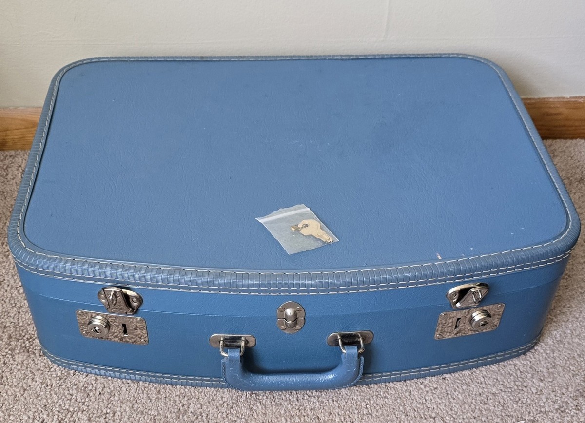 Vintage 1950s Blue Hard Shell Suitcase 21x15 Silver Clasp Retro