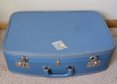 Vintage 1950s Blue Hard Shell Suitcase 21x15 Silver Clasp Retro