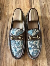 Gucci Men's Brown Blue Paisley Horsebit Leather Slip-On Dress Loafers