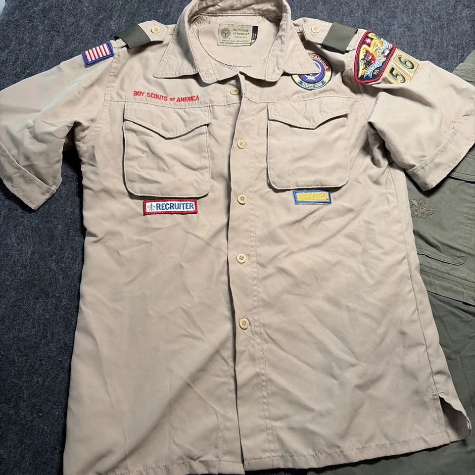 Boy Scouts of America BSA Youth Tan Shirt & Green Pants Set large USA Patch Used - Image 2 of 4