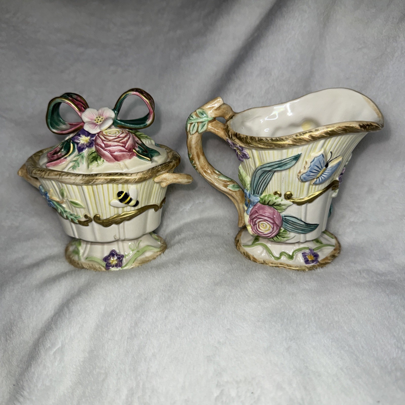FITZ AND FLOYD Woodland Spring Sugar Bowl & Creamer Set No Spoon