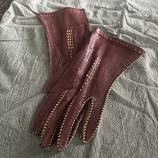 RARE FIND 1930s Ladies Chocolate Brown Whipstitched Leather Driving Gloves