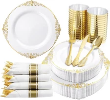 350PCS Gold Plastic Plates - Gold Plastic Dinnerware Sets for 50 Guests