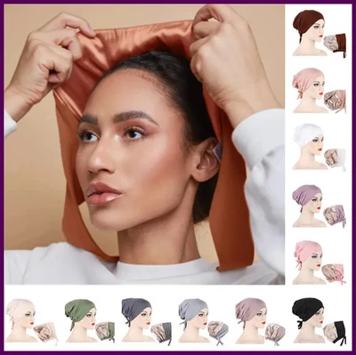 Double Layer Modal Satin Hijab Cap Islam Undercap with Tie Bonnet Instant Hijabs - Photo 1/4