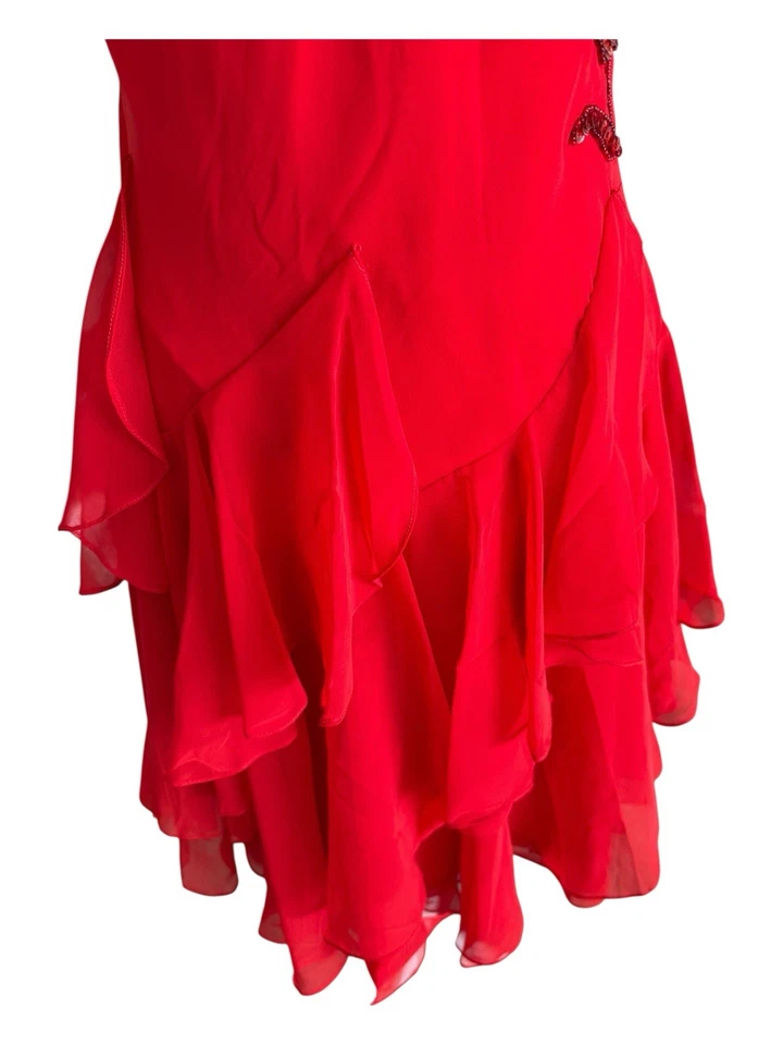 VTG Y2K Red Silk Sequin Midi Cocktail Dress Gown Fairy Ruffle XS Ethereal Prom - Image 4 of 4