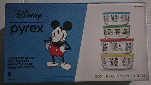 Disney Pyrex Glass Foo Decorated Storage Bowl and Lid Set 8 Pieces NEW