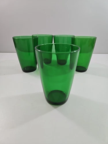 Set of 5 Vintage Anchor Hocking Forest Green Glass Tapered Tumbler 4 1/4"