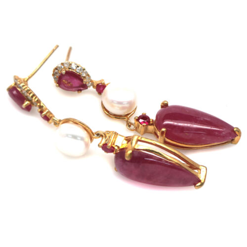 Pendientes De Rubí Rosa, Perla Y Circonita De Plata Esterlina 925 9 X 19 Mm - Imagen 2 de 4