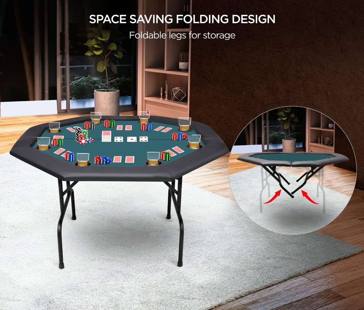 Octagon 8 Player Poker Table w/ Foldable Legs & Cup Holders