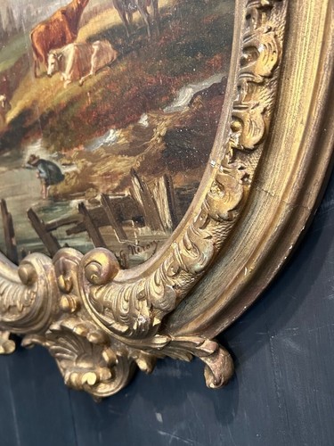 Antique Oil Painting on Panel Shepherd and Flock in Gilded Oval Wood Frame 19th - Picture 7 of 12