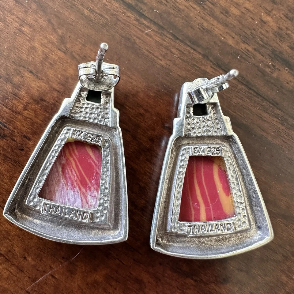 Pendientes De Colección 1" Imitación Rojo Naranja Mármol Turquesa Boho Plata de Ley 925 7.3g Foto 2 de 4