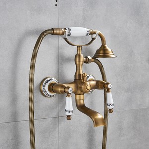 Antique Brass Wall Mounted Bathtub Faucet Dual Handles Tub Tap W