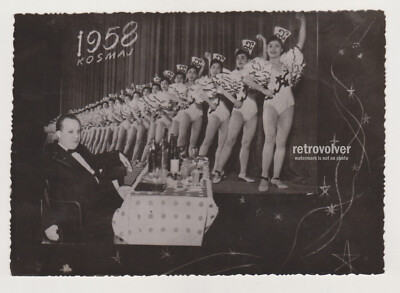 Fat Man in Tuxedo Sits at Table of Drinks Miss Pageant Poster on Wall Snapshot