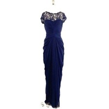 ADRIANNA PAPELL Lace Illusion Bateau Sheath Navy blue Gown Dress Classic SZ 4
