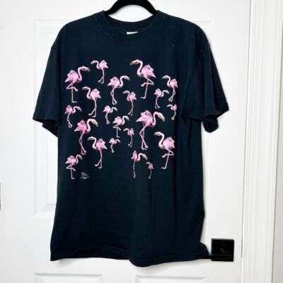 ANVIL Vtg 2002 Pre-Shrunk 100% Cotton Flamingo Print Both Sides Short Sleeve Tee