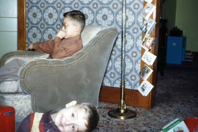Kodak Slide 1950s Red Border Kodachrome Boy Watching TV one Photobombing