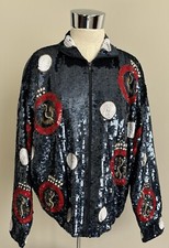 Rare VTG Women's Medium Nautical Themed Oversized Sequin Bomber Jacket LQQK