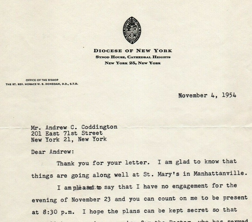 Bishop Horace W. B. Donegan SIGNED 1954 letter by Episcopal Bishop of ...