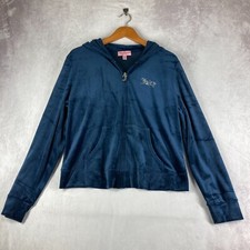 Juicy Couture Y2K Velour Jacket Size XXL Navy Blue Hooded Bling Logo