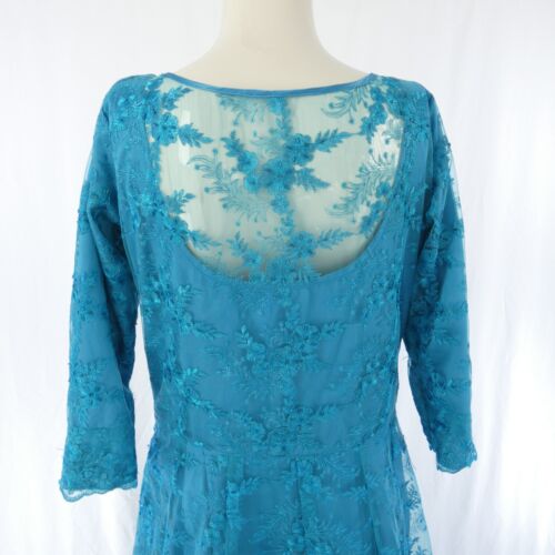 Maxi Lace Dress Blue Fit Flare Waisted Sheer Back Special Occasion Size UK 12 - Picture 9 of 10
