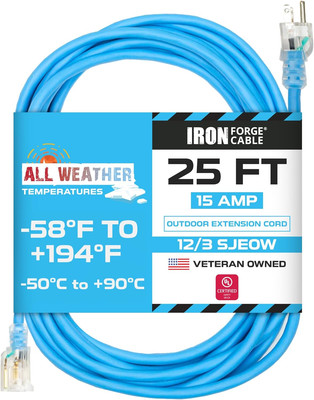 25 Ft All Weather Extension Cord - Stays Flexible in Extreme Cold & Hot Temperat