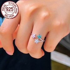 Women Cute Cubic Zirconia Triple Flower 925 Sterling Silver Adjustable Open Ring