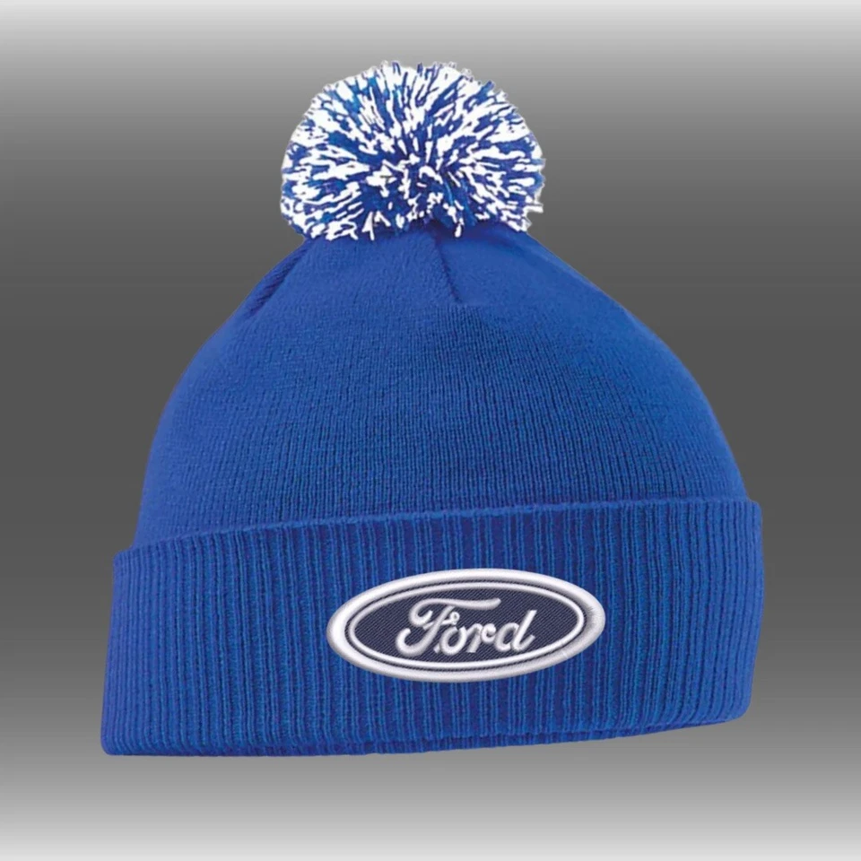 BEECHFIELD Pom Pom Beanie - Royal Blue/White - with Embroidered Ford Badge