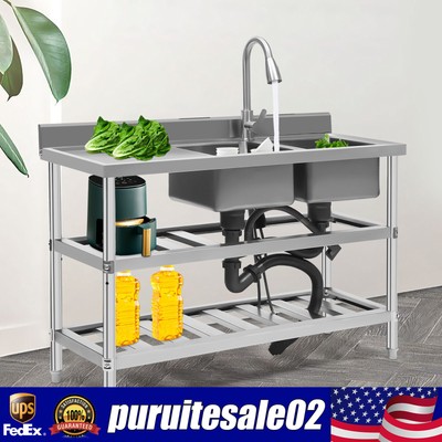 3 Tier Commercial Restaurant Sink Stainless Steel kitchen Sink W/Faucet 2 Sinks
