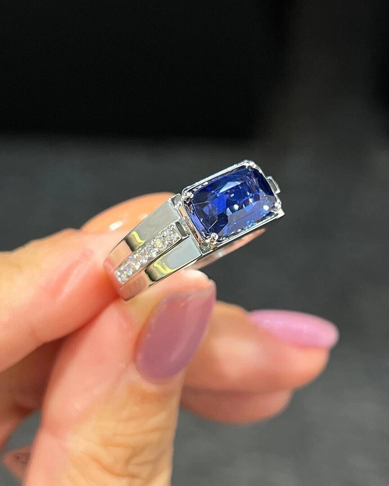 Alianza de boda de diamantes y zafiros naturales de 2,67 quilates de oro blanco de 14 quilates talla 11 Foto 3 de 4