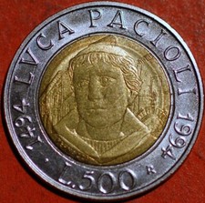 Italia 500 Lire Luca Pacioli 1994 KM# 167