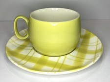 RARE W S George Ohio Made In USA Chartreuse Plaid Coffee Cup And Saucer EUC