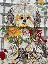 Shih Tzu Dog Red Bow Floral Linen Tea Towel
