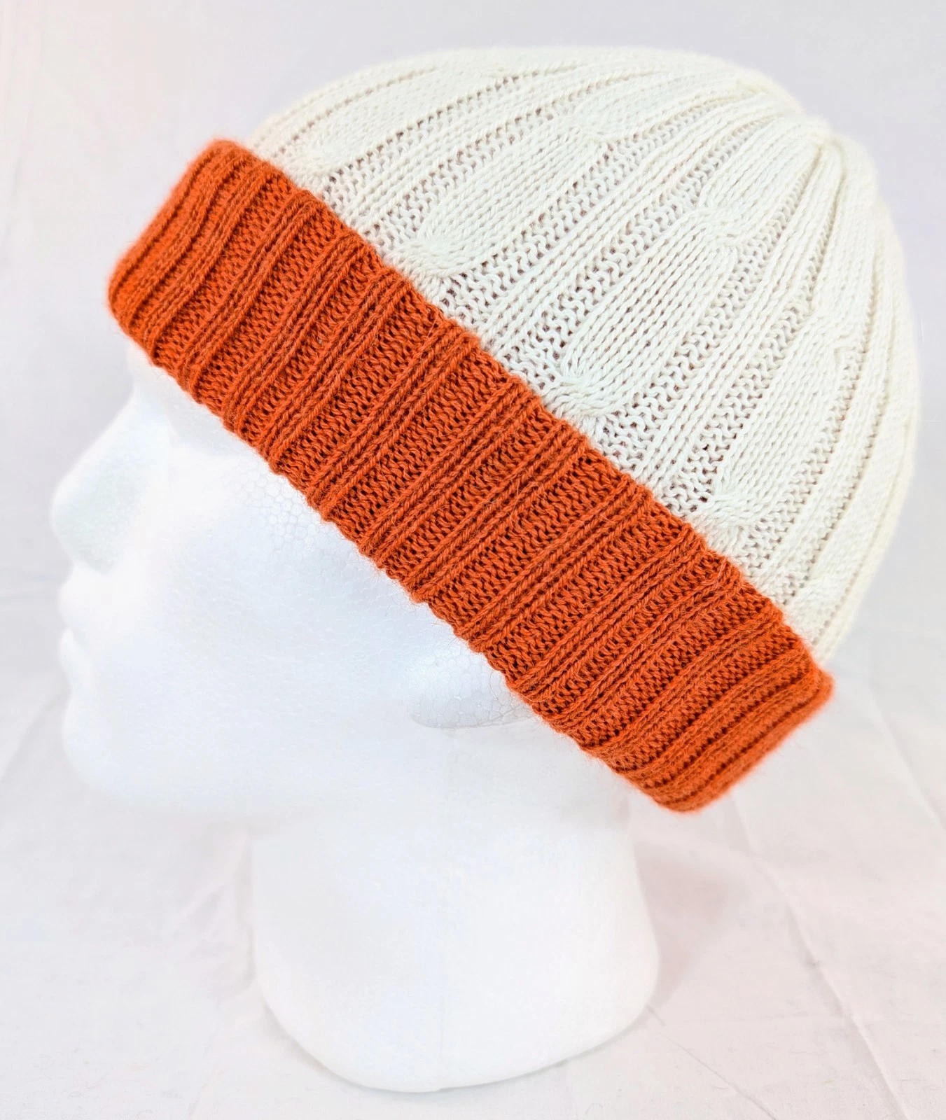 Extra Soft Baby Alpaca Reversible Cable Knit Beanie White Orange Handmade Unisex