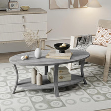 Coffee Table Oval 2 Tier Rubber Wood Rustic Farmhouse Accent Grey Living Room