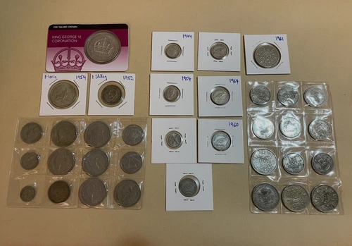 Lot Australian / NZ Silver Pre-Decimal Coins - 1937 Crown - Shilling - Florin 6d