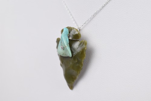 Sterling Jasper Arrowhead Pendant w/ Turquoise Nugget Accent 18 in Chain - Picture 12 of 13