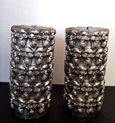 3D Gothic SKULLs Pillar Candles Lot of 2 Silver Color 6'' x 3'' Halloween Seasonal